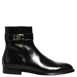 Black Leather Logo Buckle Mid Calf Boots Shoes