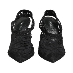 Black Lace Pointed Toe Slingback Pumps Shoes