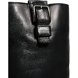 Black Leather Buckle Detail Mid Calf Boots Shoes
