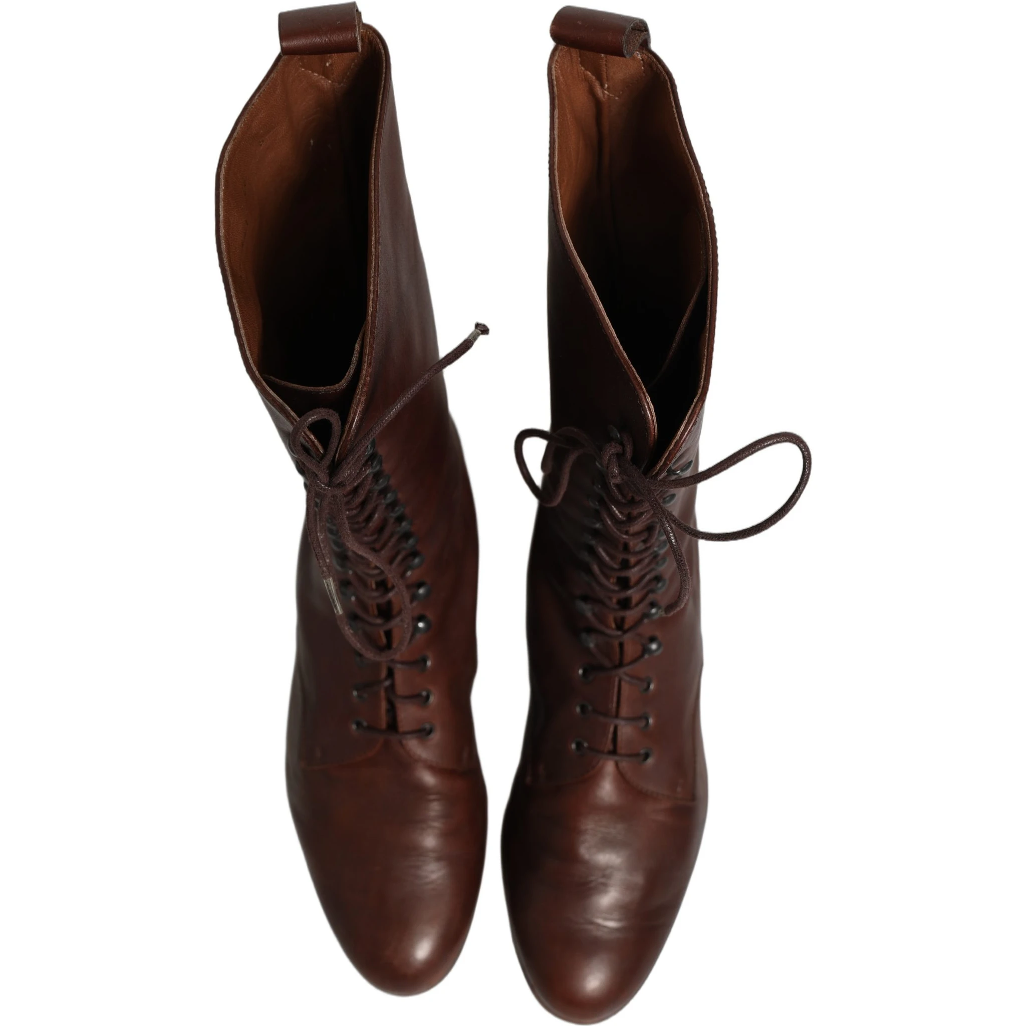 Brown Leather Lace Up Mid Calf Boots Shoes