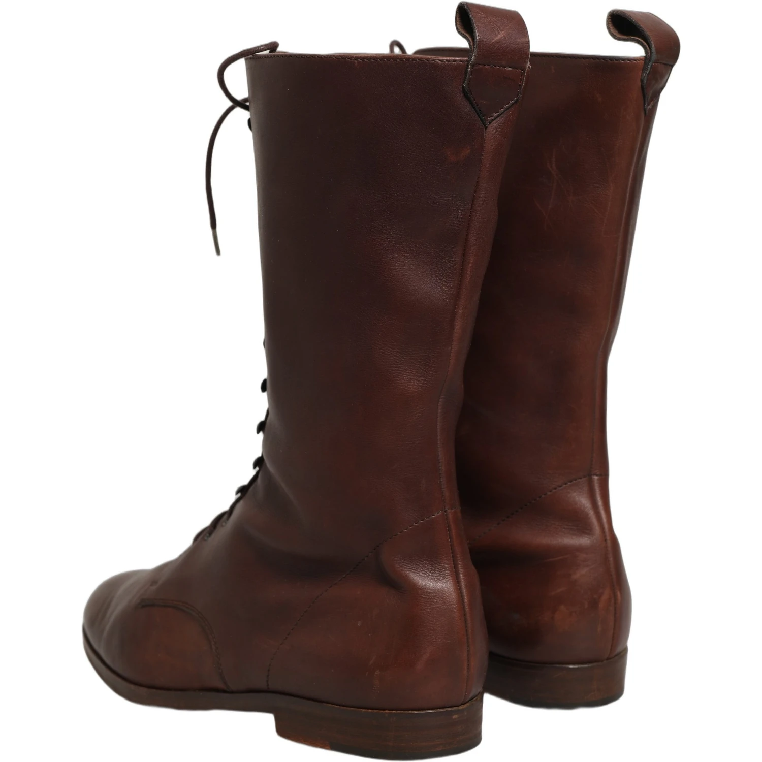 Brown Leather Lace Up Mid Calf Boots Shoes