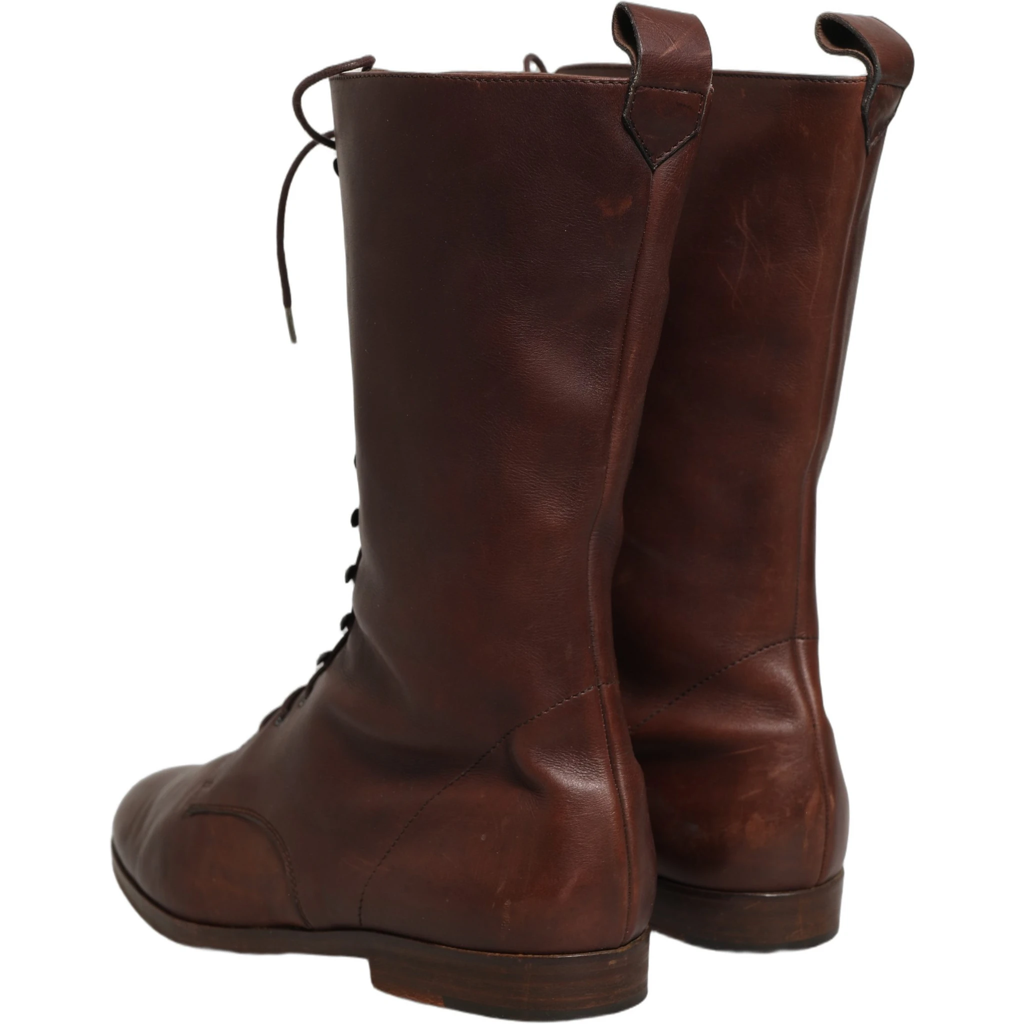 Brown Leather Lace Up Mid Calf Boots Shoes
