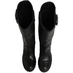 Black Leather Buckle Detail Mid Calf Boots Shoes