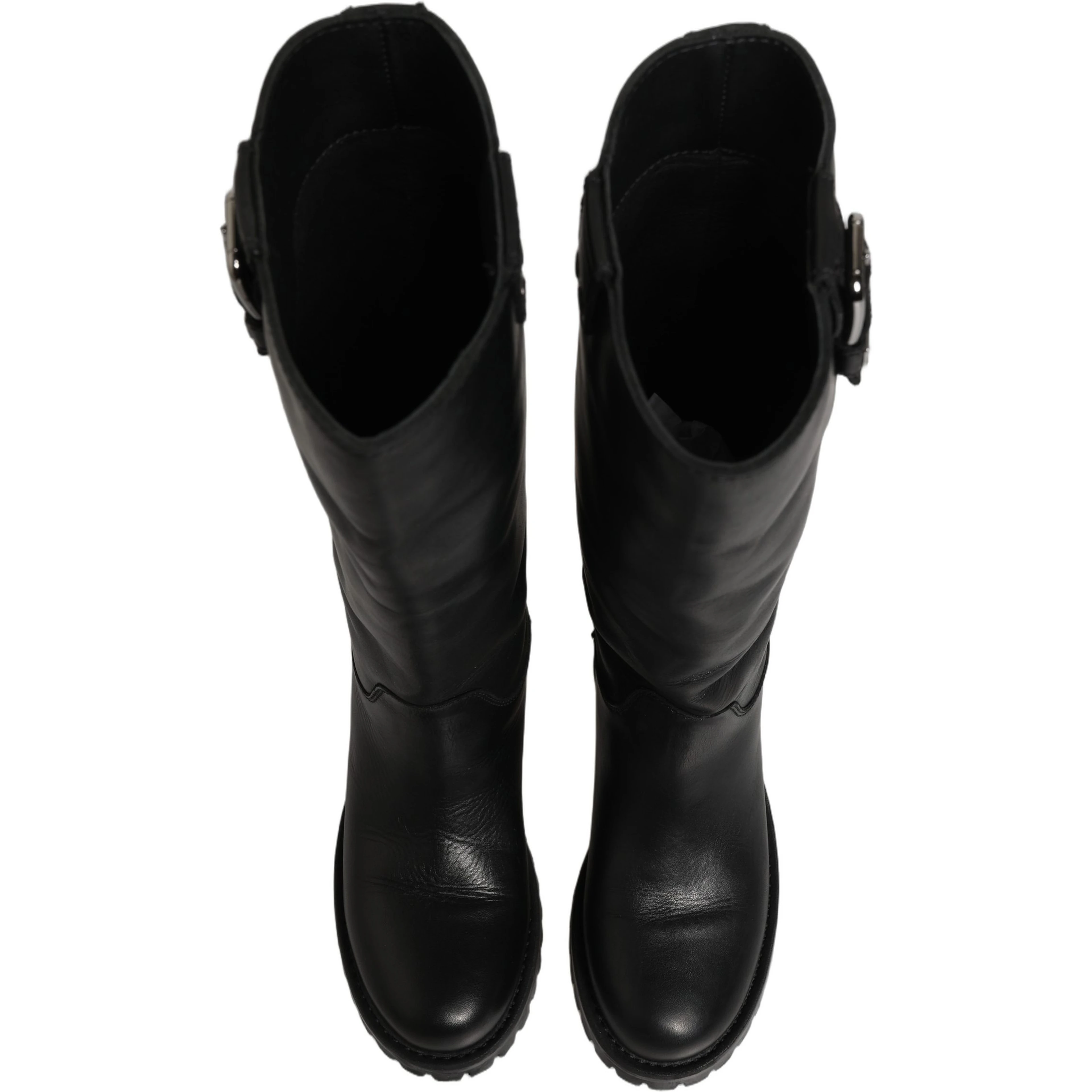Black Leather Buckle Detail Mid Calf Boots Shoes