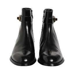 Black Leather Logo Buckle Mid Calf Boots Shoes