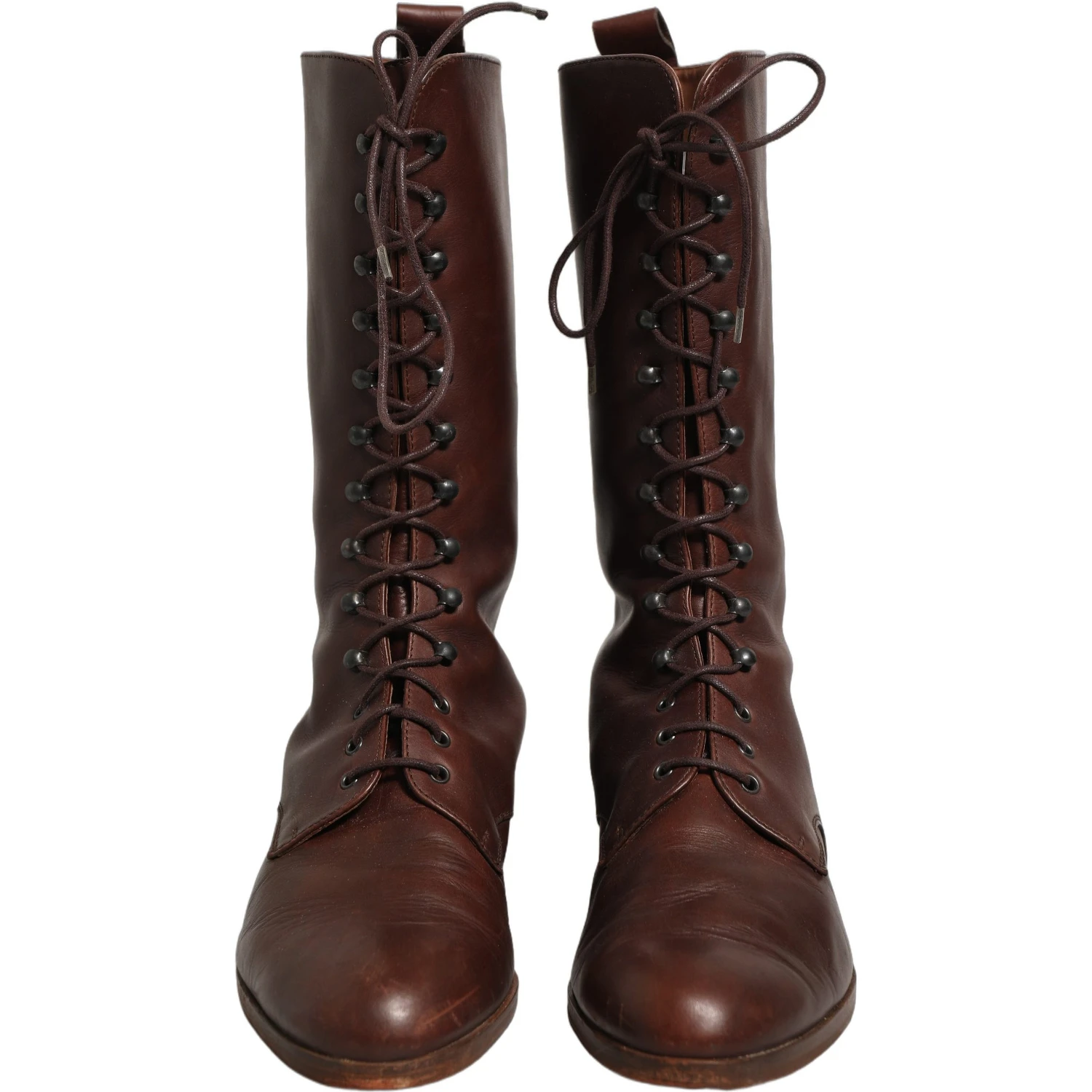 Brown Leather Lace Up Mid Calf Boots Shoes