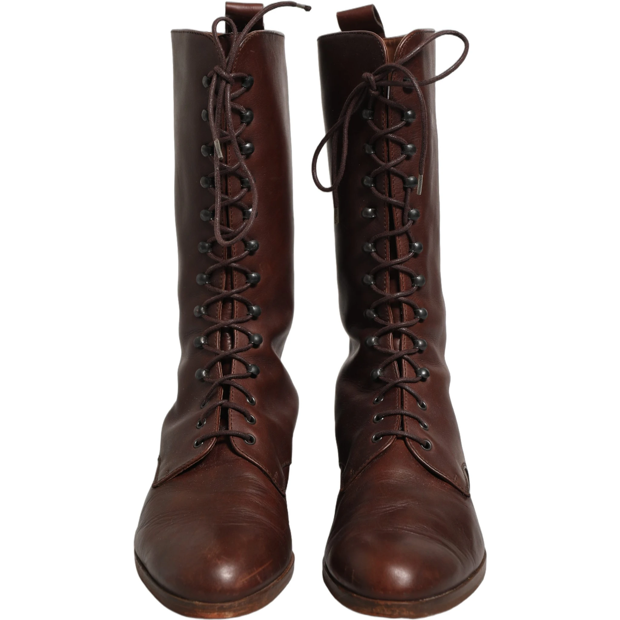 Brown Leather Lace Up Mid Calf Boots Shoes