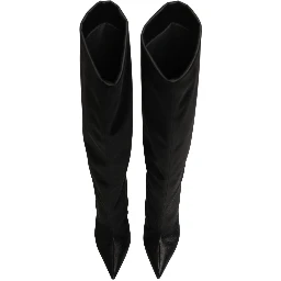 Black Satin Knee High Stiletto Boots Shoes