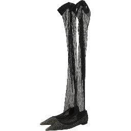 Black Over The Knee Tulle Flats Boots Shoes
