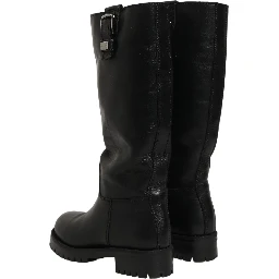 Black Leather Buckle Detail Mid Calf Boots Shoes