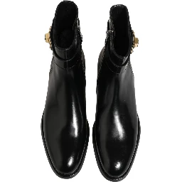 Black Leather Logo Buckle Mid Calf Boots Shoes