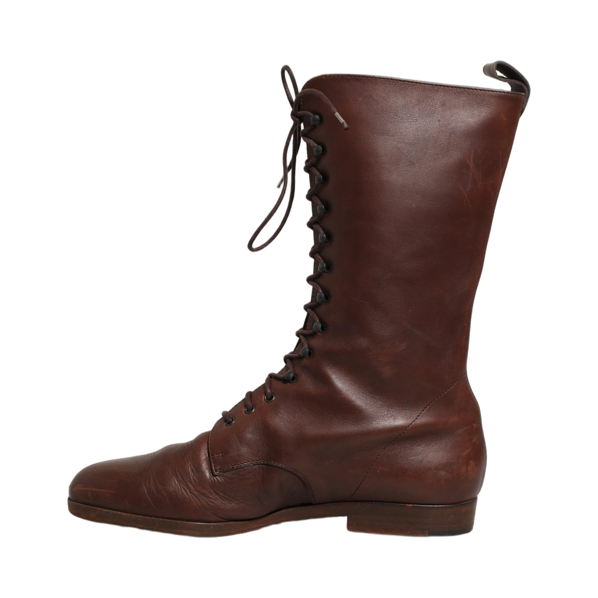 Brown Leather Lace Up Mid Calf Boots Shoes