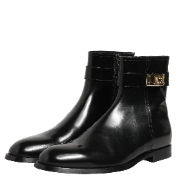 Black Leather Logo Buckle Mid Calf Boots Shoes