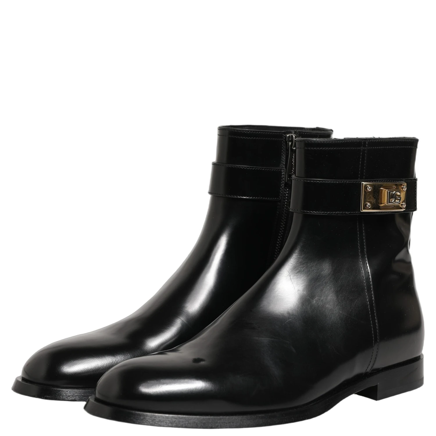 Black Leather Logo Buckle Mid Calf Boots Shoes