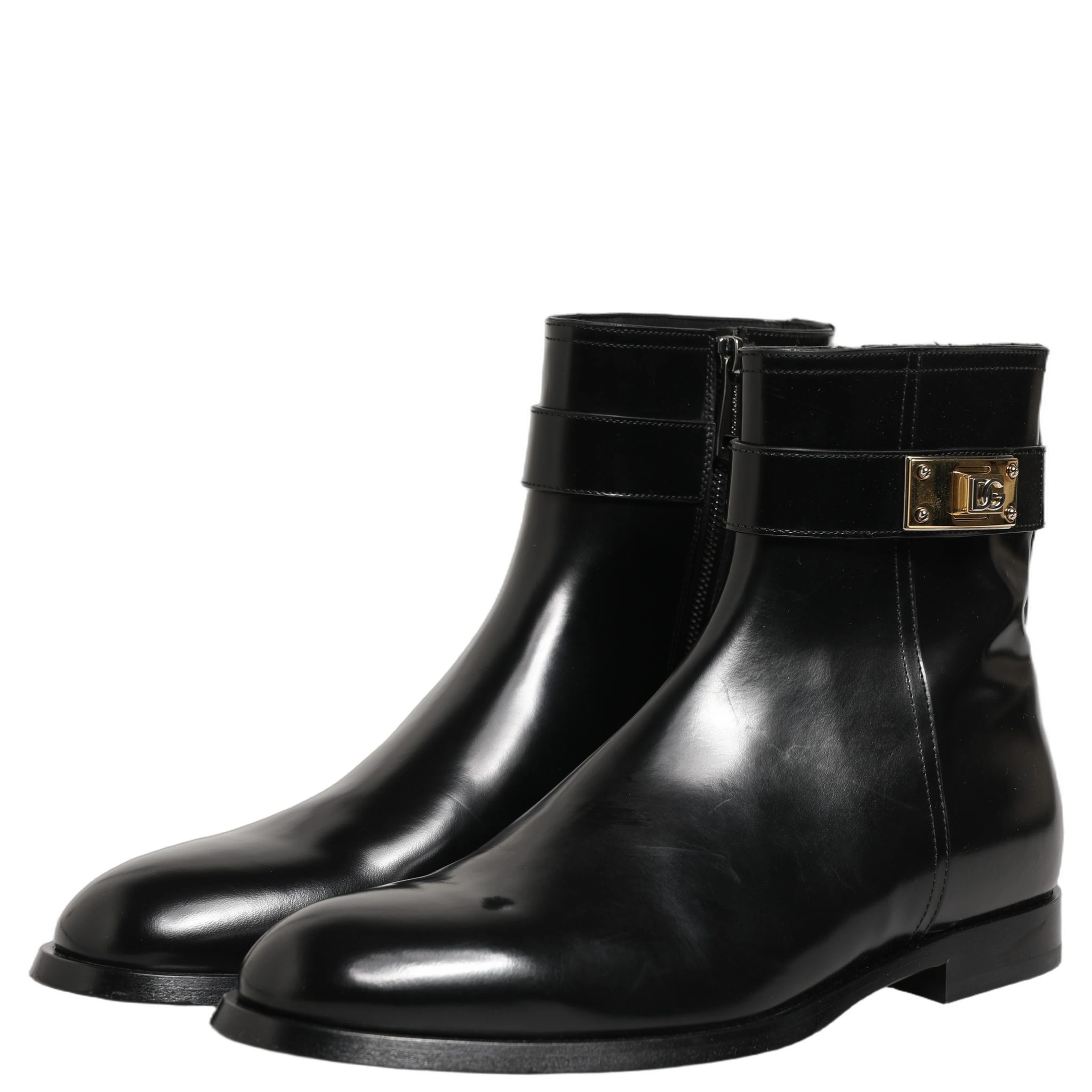 Black Leather Logo Buckle Mid Calf Boots Shoes