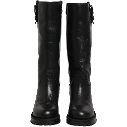 Black Leather Buckle Detail Mid Calf Boots Shoes