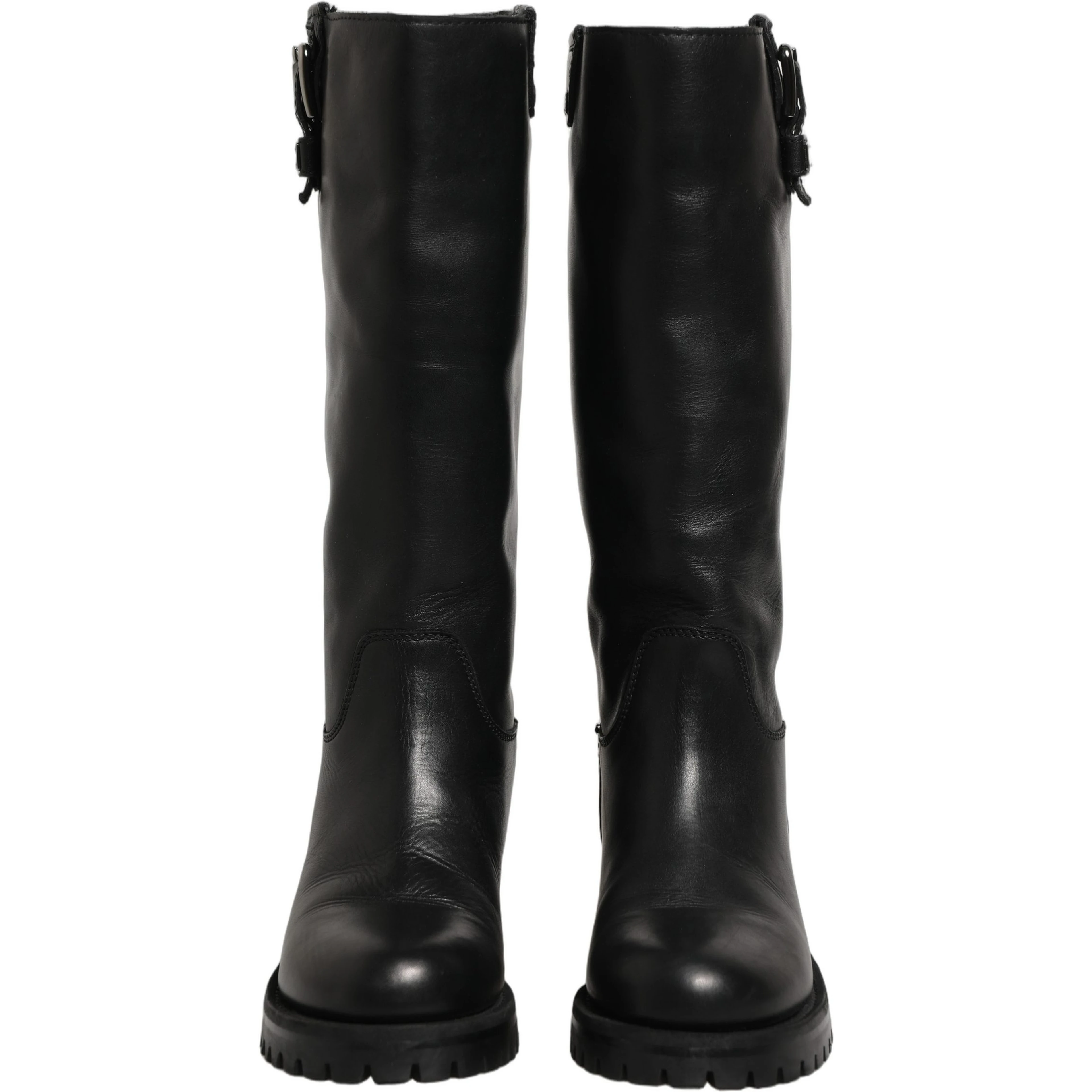 Black Leather Buckle Detail Mid Calf Boots Shoes
