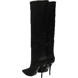 Black Satin Knee High Stiletto Boots Shoes