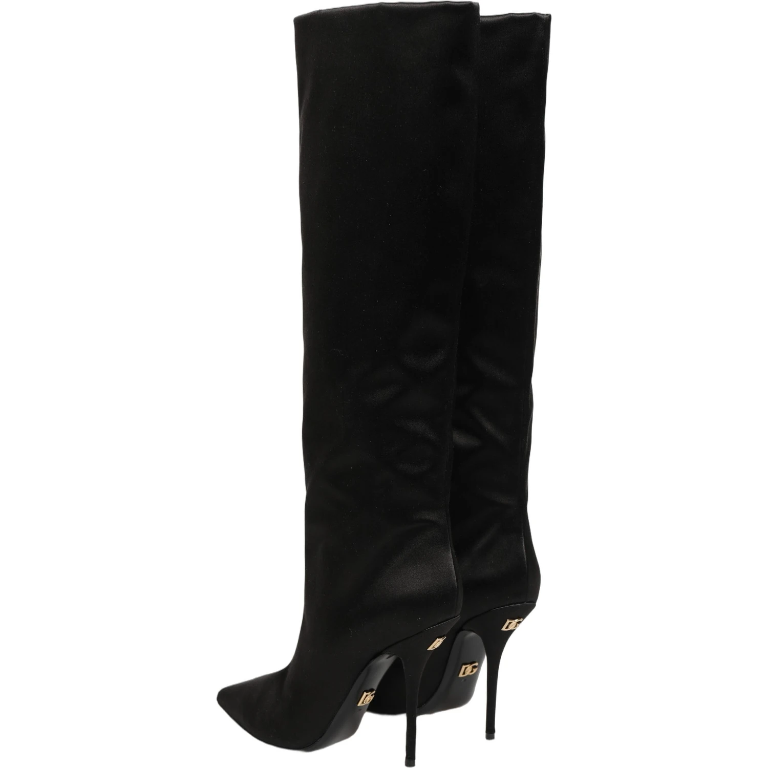 Black Satin Knee High Stiletto Boots Shoes