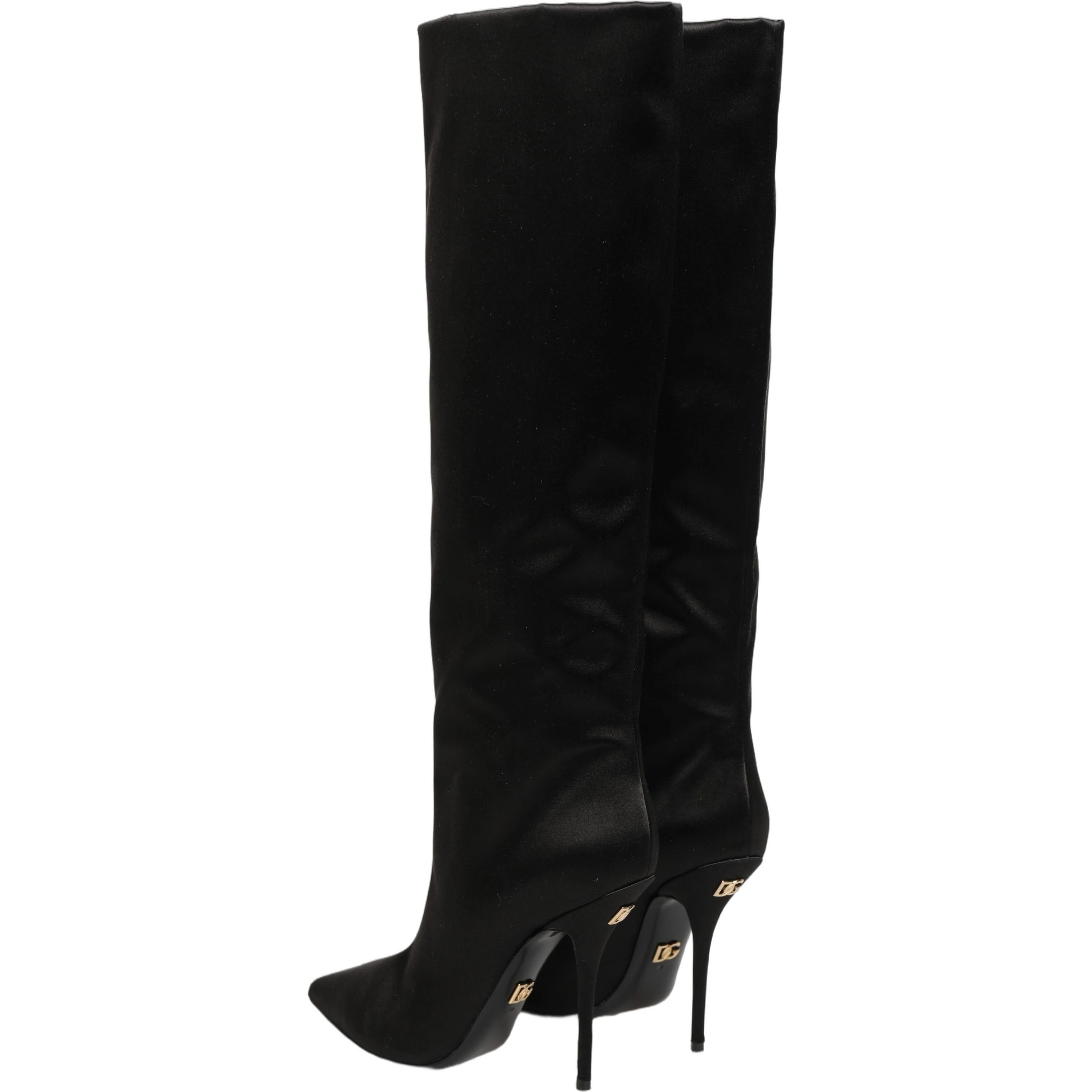 Black Satin Knee High Stiletto Boots Shoes
