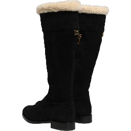 Black Suede Leather Knee High Boots Shoes