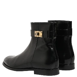 Black Leather Logo Buckle Mid Calf Boots Shoes