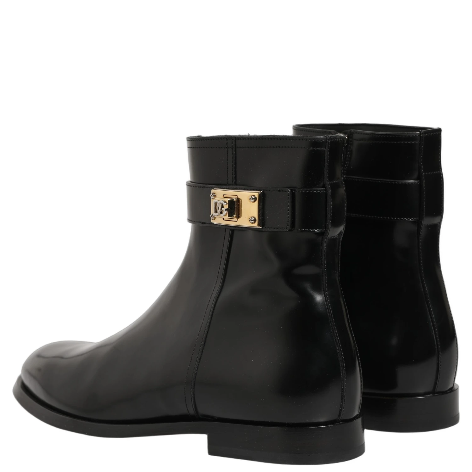 Black Leather Logo Buckle Mid Calf Boots Shoes