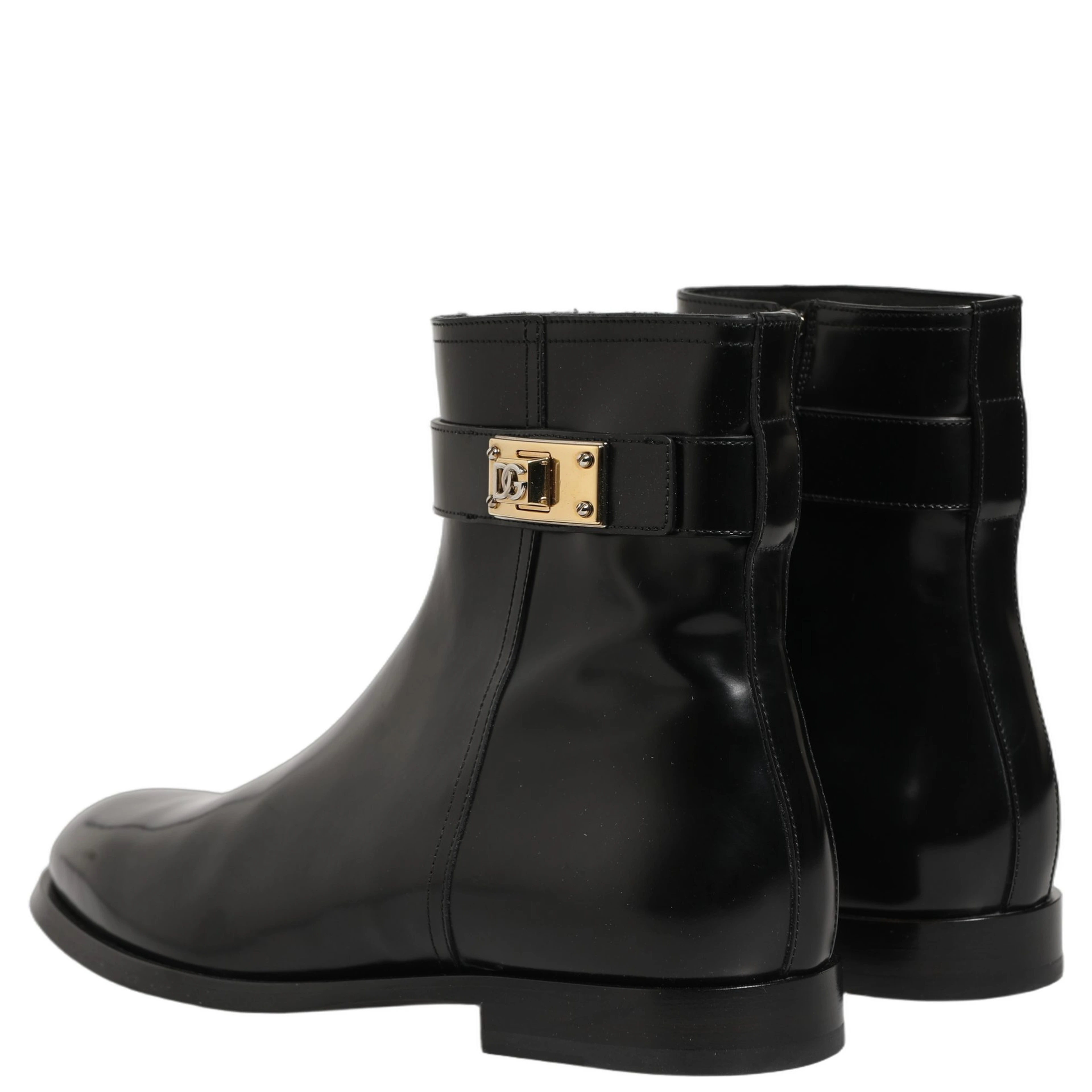 Black Leather Logo Buckle Mid Calf Boots Shoes