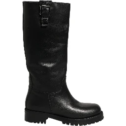 Black Leather Buckle Detail Mid Calf Boots Shoes