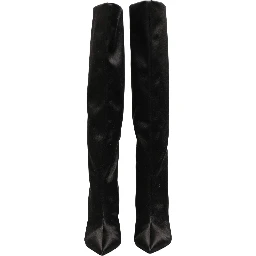 Black Satin Knee High Stiletto Boots Shoes