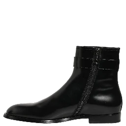Black Leather Logo Buckle Mid Calf Boots Shoes