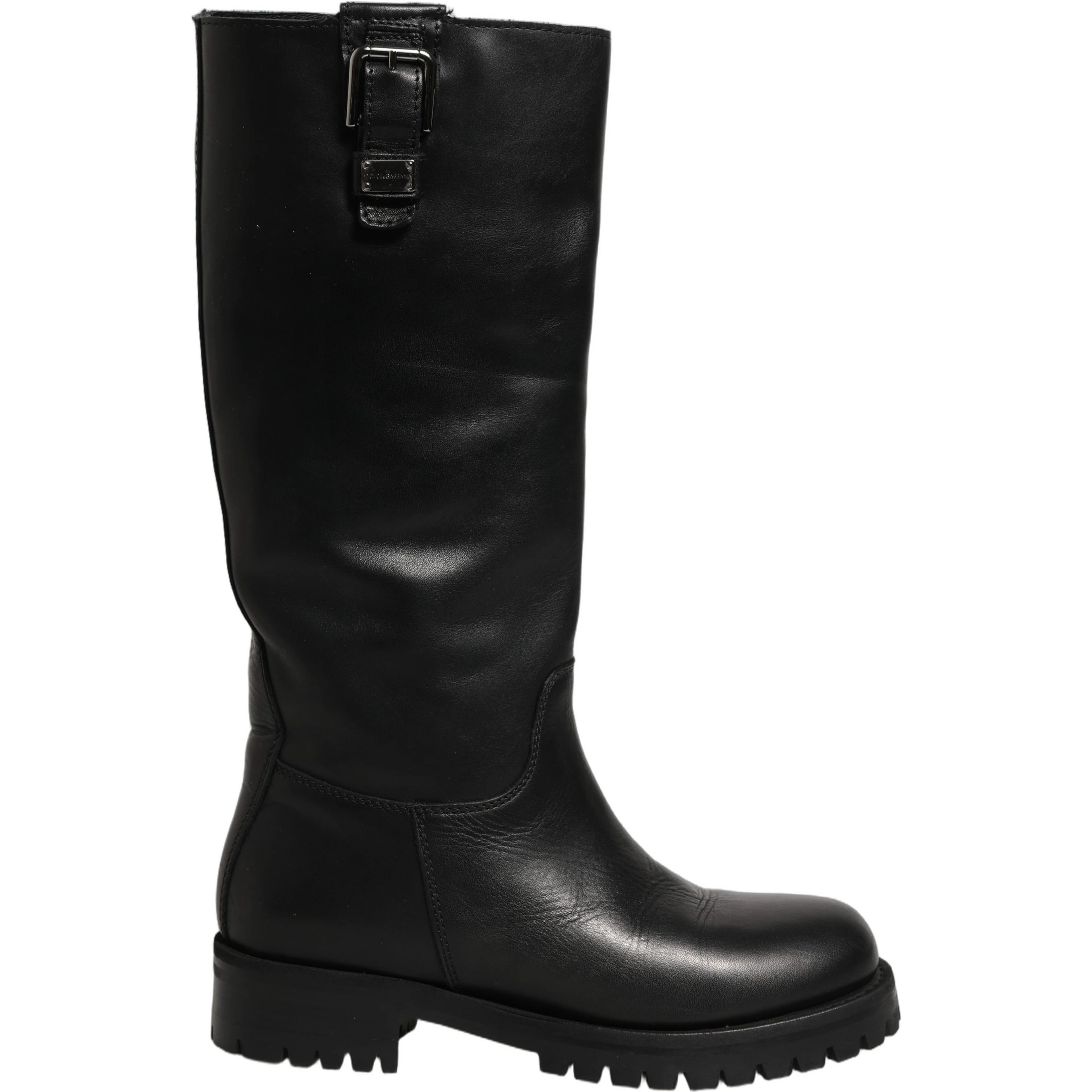 Black Leather Buckle Detail Mid Calf Boots Shoes