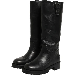 Black Leather Buckle Detail Mid Calf Boots Shoes