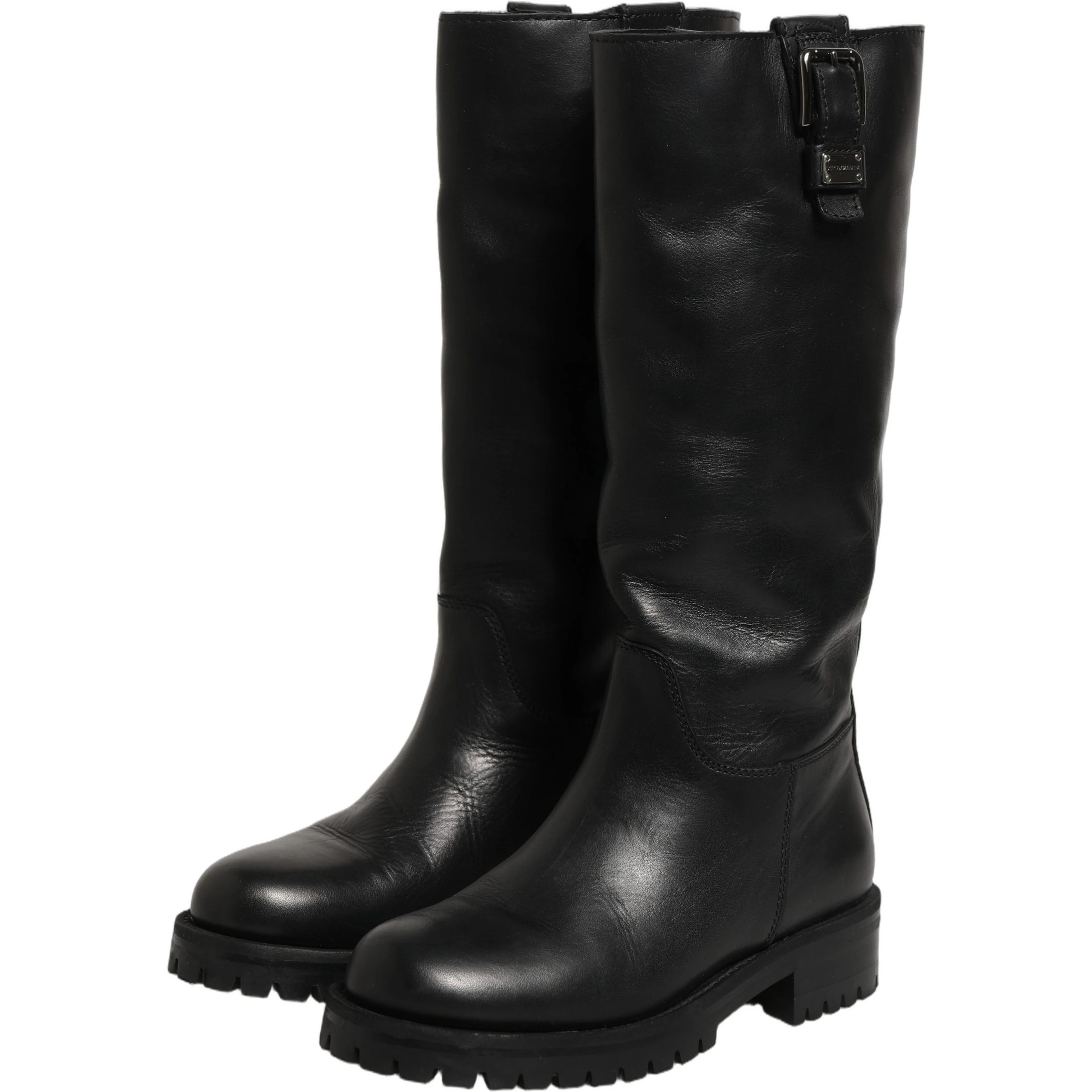 Black Leather Buckle Detail Mid Calf Boots Shoes
