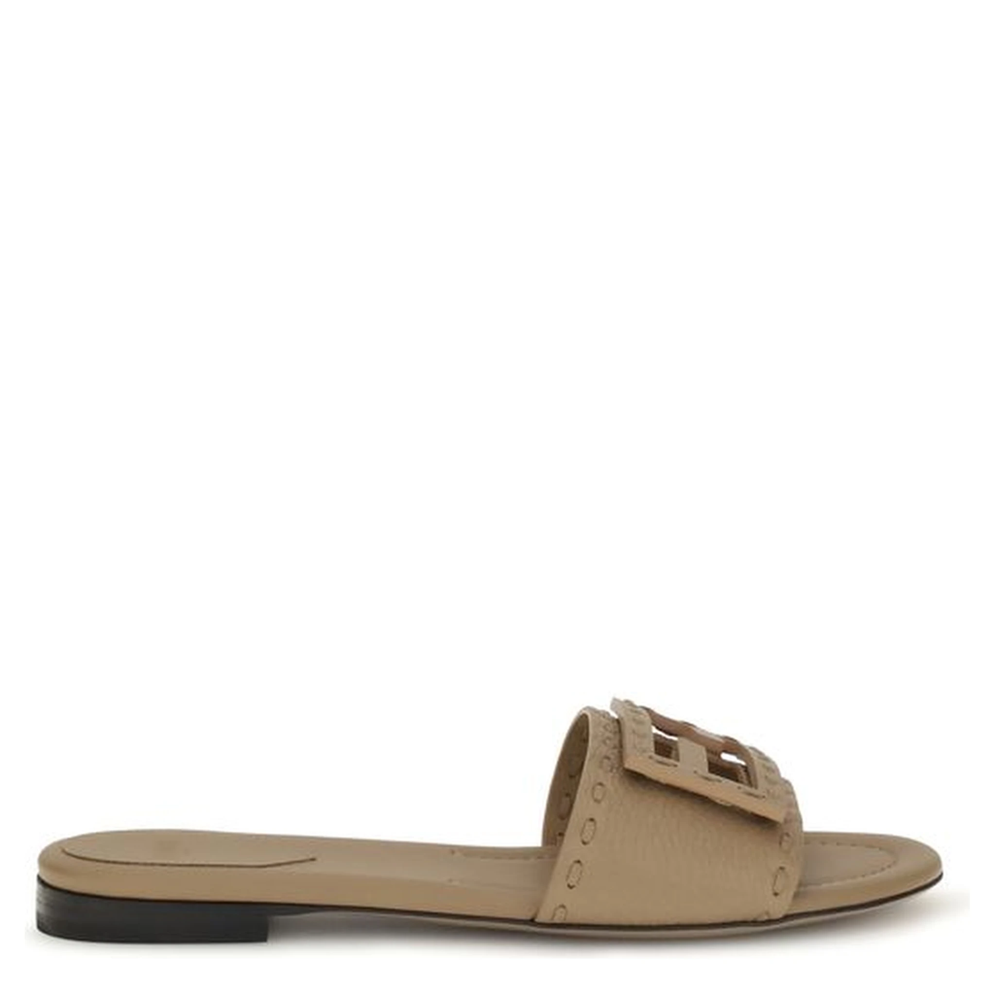 Beige Calf Leather Bos Taurus Flat Sandals