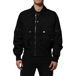 Black Nylon Full Zip Blouson Bomber Jacket