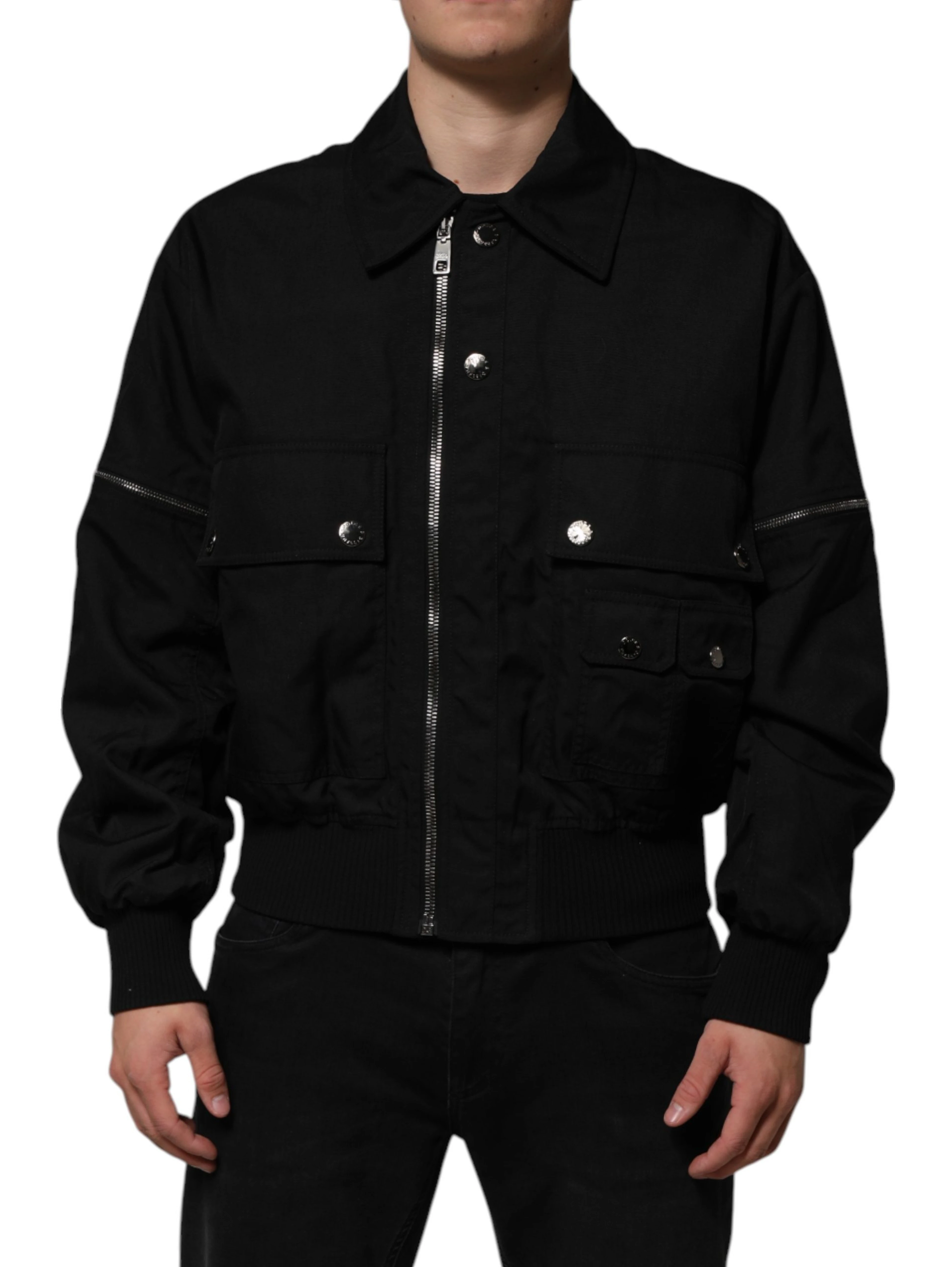 Black Nylon Full Zip Blouson Bomber Jacket