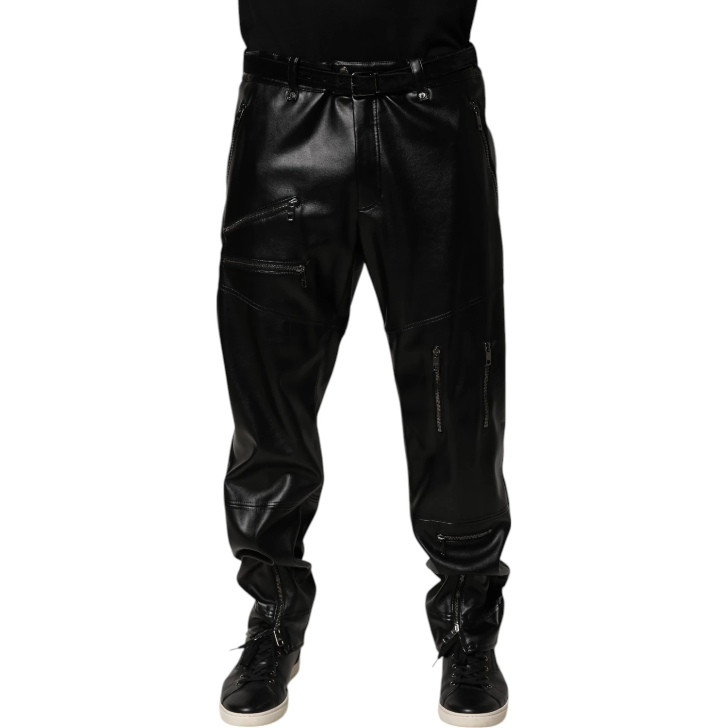 Black PU Leather Zipper Men Trouser Pants