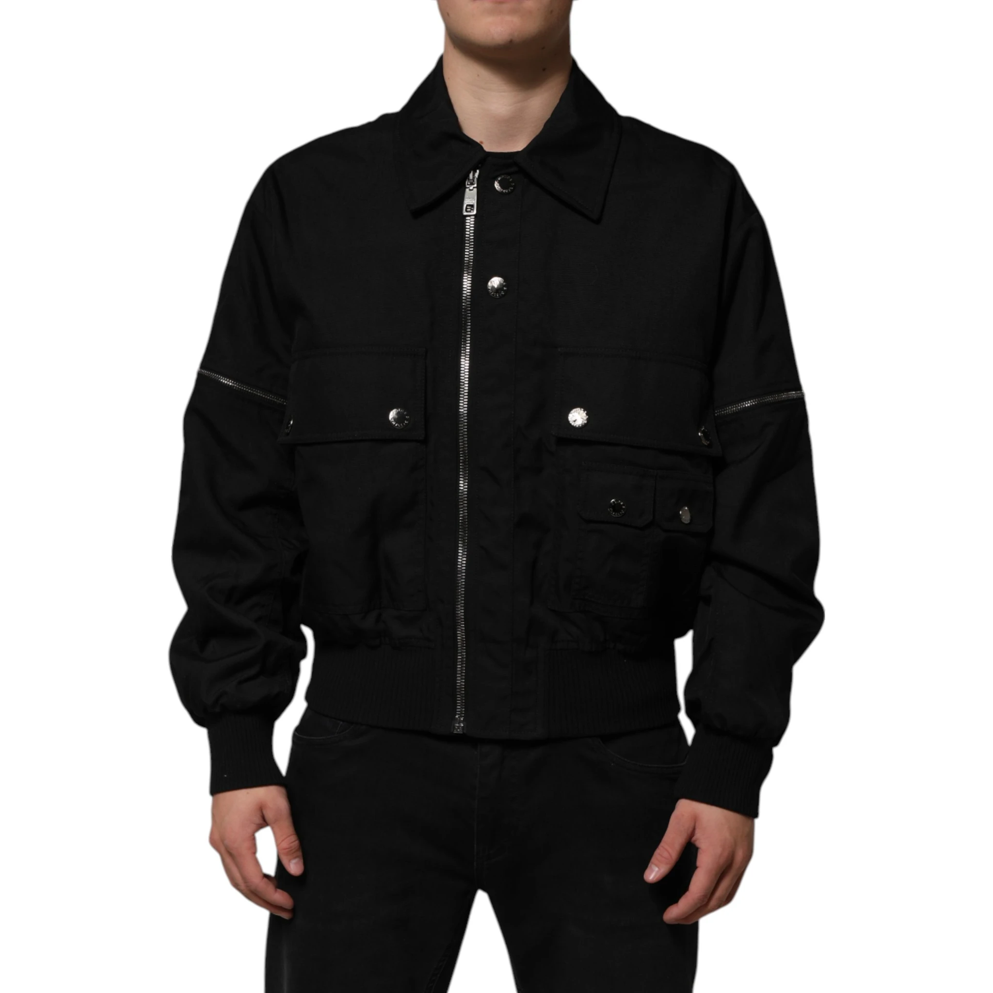 Black Nylon Full Zip Blouson Bomber Jacket