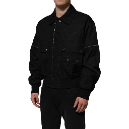 Black Nylon Full Zip Blouson Bomber Jacket