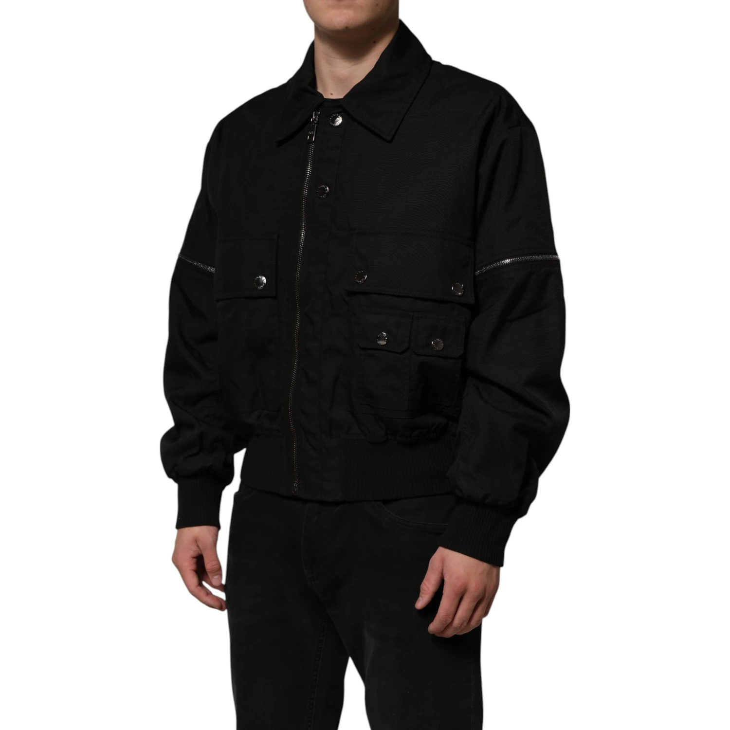Black Nylon Full Zip Blouson Bomber Jacket