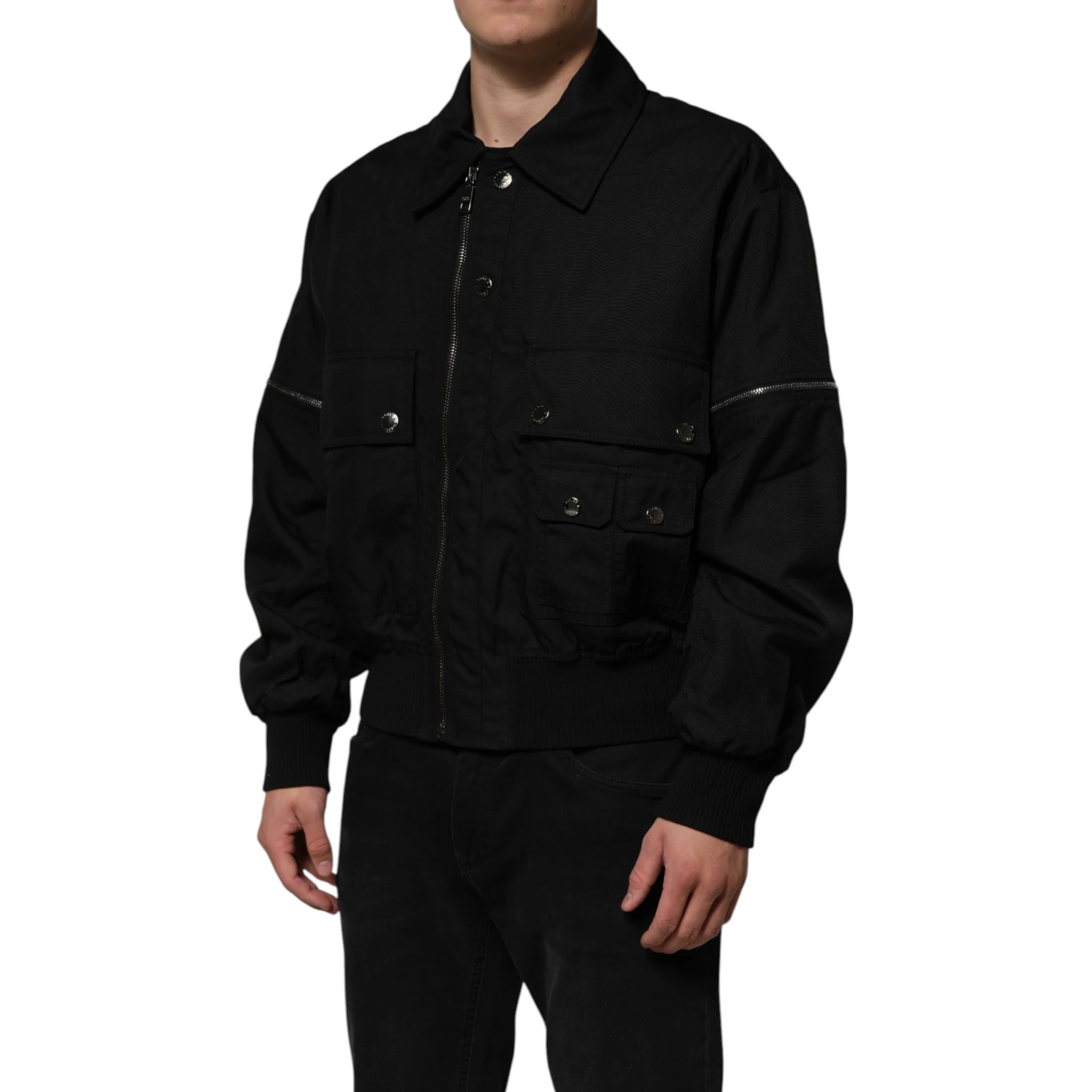 Black Nylon Full Zip Blouson Bomber Jacket