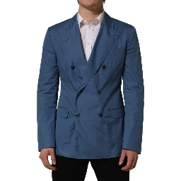 Blue Cotton Double Breasted Men Coat Blazer