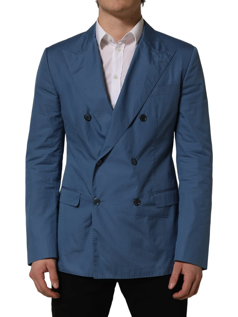 Blue Cotton Double Breasted Men Coat Blazer