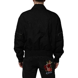 Black Nylon Full Zip Blouson Bomber Jacket
