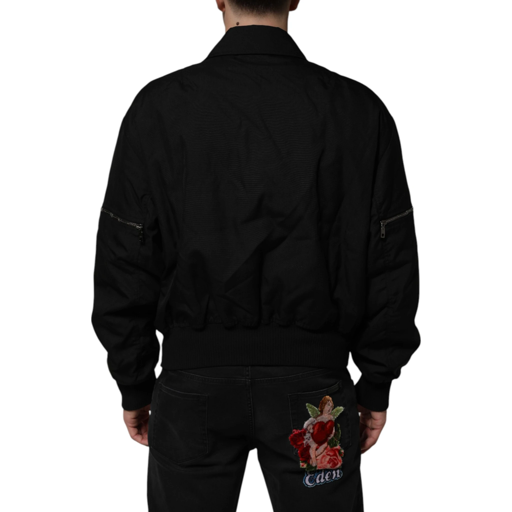 Black Nylon Full Zip Blouson Bomber Jacket