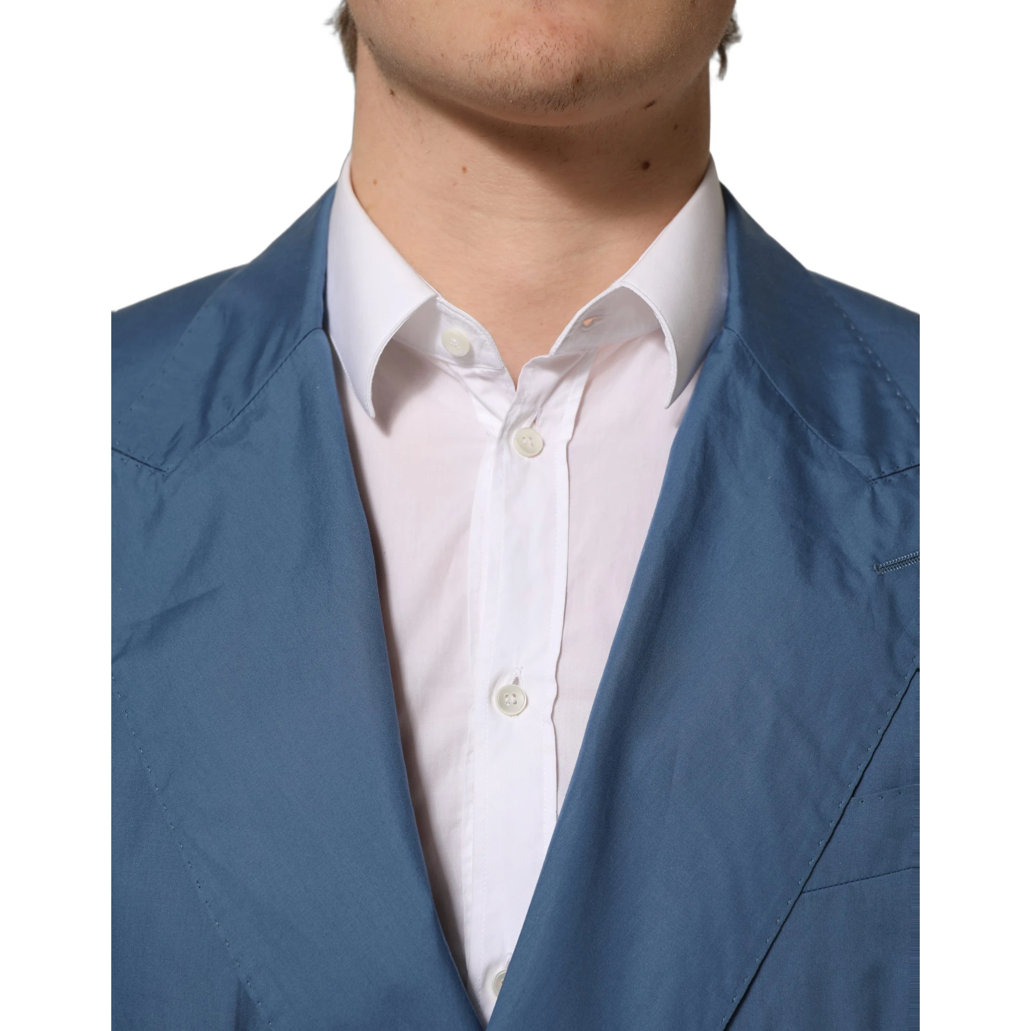 Blue Cotton Double Breasted Men Coat Blazer