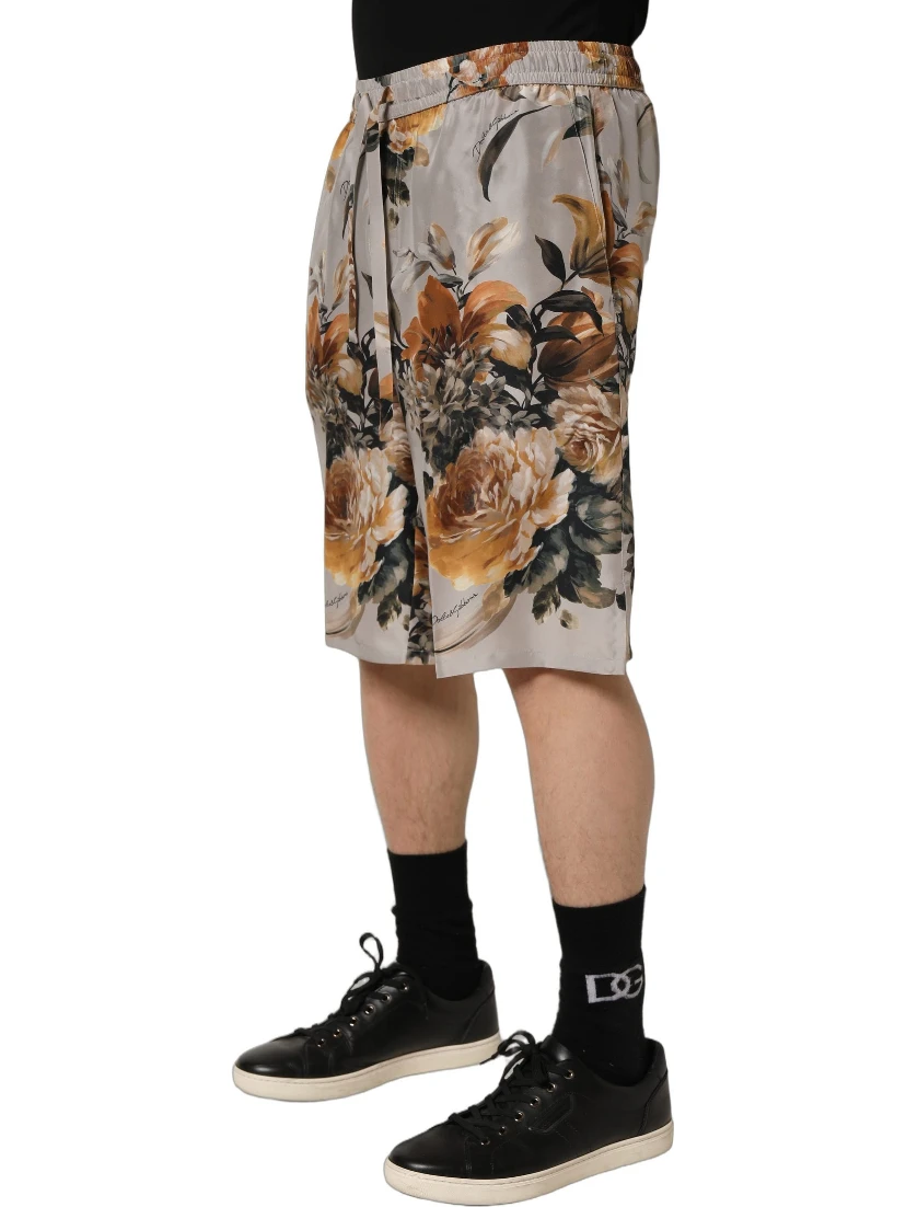 Beige Floral Print Silk Men Bermuda Shorts