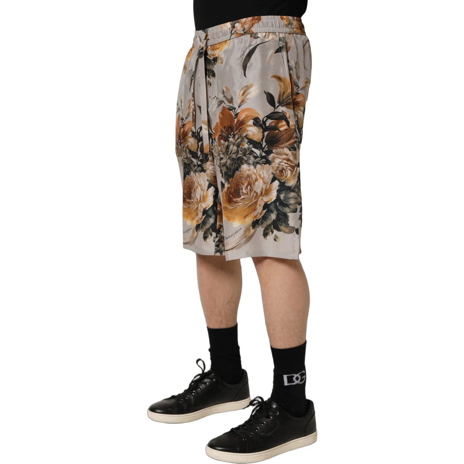 Beige Floral Print Silk Men Bermuda Shorts