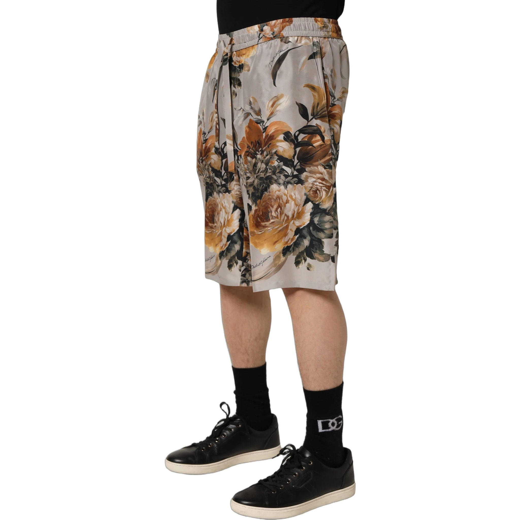 Beige Floral Print Silk Men Bermuda Shorts